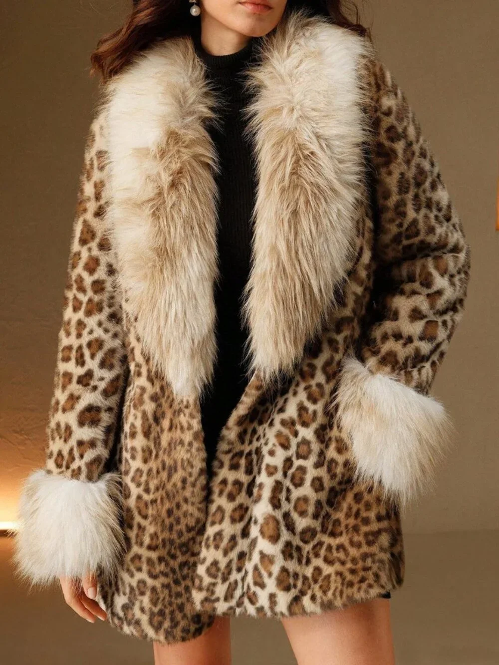 Brown Casual Women's Leopard Pattern Fluffy Fuzzy Coat
